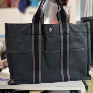 Hermes Black Canvas Tote with Gray Stripes Toile Foure Tout